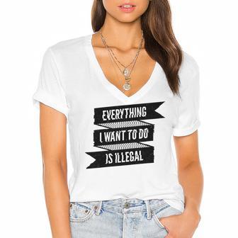 Everything I Want To Do Is Illegal Glitsh Sticker Design Funny Everything I Want To Do Is Illegal Stickers Women's Jersey Short Sleeve Deep V-Neck Tshirt | Favorety