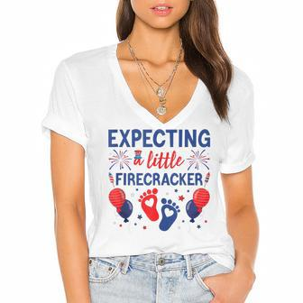 Expecting A Little Firecracker 4Th Of July Pregnancy Reveal Women's Jersey Short Sleeve Deep V-Neck Tshirt - Seseable