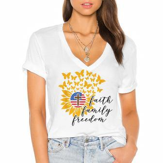 Faith Family Freedom Christian Patriot Sunflower 4Th Of July Women's Jersey Short Sleeve Deep V-Neck Tshirt - Seseable