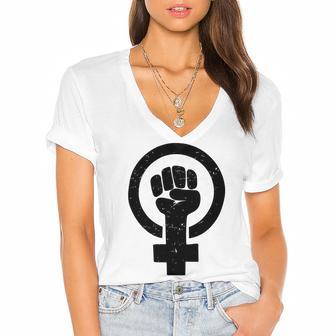 Feminist Raised Fist - Distressed Fitted Women's Jersey Short Sleeve Deep V-Neck Tshirt | Favorety CA