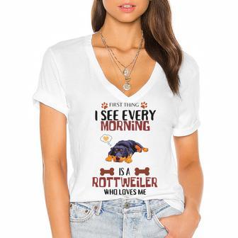 First Thing See Every Morning Is A Rottweiler Who Loves Me Women's Jersey Short Sleeve Deep V-Neck Tshirt | Favorety UK