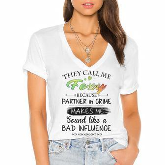 Foxy Grandma Gift They Call Me Foxy Because Partner In Crime Women's Jersey Short Sleeve Deep V-Neck Tshirt - Seseable