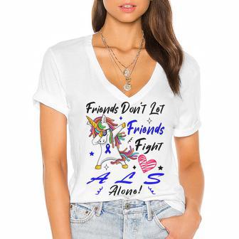 Friends Dont Let Friends Fight Als Alone Unicorn Blue Ribbon Amyotrophic Lateral Sclerosis Support Als Awareness Women's Jersey Short Sleeve Deep V-Neck Tshirt | Favorety DE