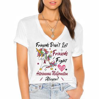 Friends Dont Let Friends Fight Arteriovenous Malformation Alone Unicorn Burgundy Ribbon Arteriovenous Malformation Support Arteriovenous Malformation Awareness Women's Jersey Short Sleeve Deep V-Neck Tshirt | Favorety CA