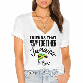 Friends That Travel Together Jamaica Girls Trip 2022 Design Women's Jersey Short Sleeve Deep V-Neck Tshirt | Mazezy