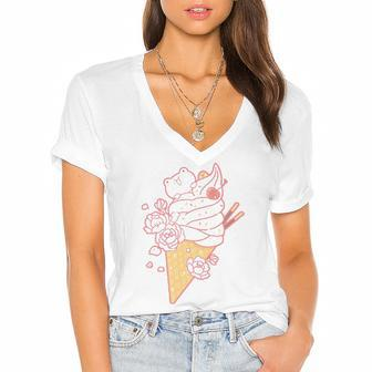 Frog Ice Cream Cone Cute Kawaii Aesthetic Women's Jersey Short Sleeve Deep V-Neck Tshirt | Mazezy