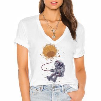 Funny Astronaut Monkey Blowing Sun V2 Women's Jersey Short Sleeve Deep V-Neck Tshirt | Favorety DE