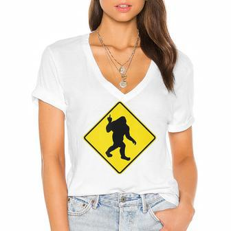 Funny Bigfoot Sasquatch Crossing Middle Finger Novelty Gift Women's Jersey Short Sleeve Deep V-Neck Tshirt | Mazezy