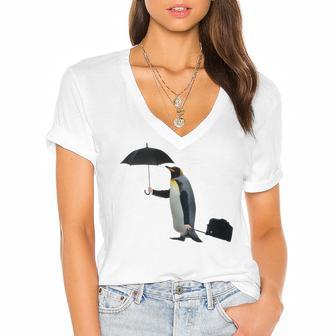 Funny Business Penguin Birds With Human Hands Women's Jersey Short Sleeve Deep V-Neck Tshirt | Favorety CA