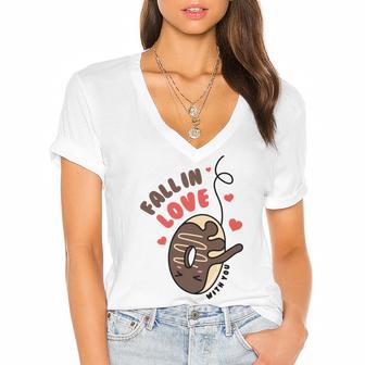 Funny Donut Fall In Love Women's Jersey Short Sleeve Deep V-Neck Tshirt | Favorety