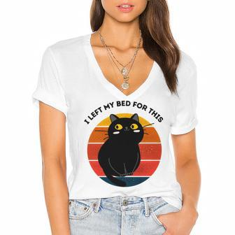 Funny Vintage Black Cat I Left My Bed For This Women's Jersey Short Sleeve Deep V-Neck Tshirt - Monsterry