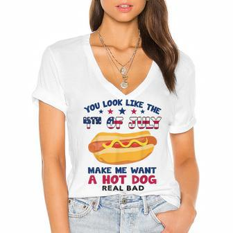 Funny You Look Like 4Th Of July Makes Me Want A Hotdog Women's Jersey Short Sleeve Deep V-Neck Tshirt - Seseable
