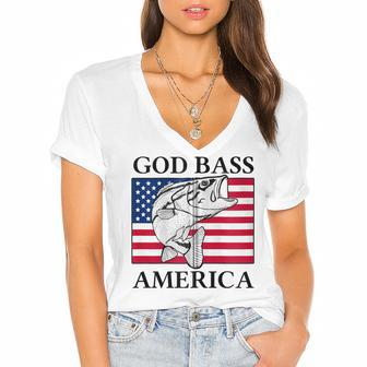 God Bass America Funny Fishing Dad 4Th Of July Usa Patriotic Zip Women's Jersey Short Sleeve Deep V-Neck Tshirt - Seseable