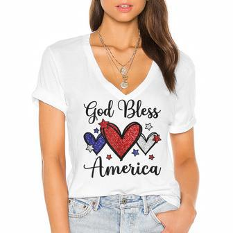 God Bless America Patriotic 4Th Of July Motif For Christians Women's Jersey Short Sleeve Deep V-Neck Tshirt - Seseable