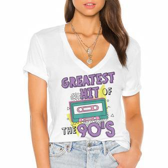 Greatest Hit Of The 90S Retro Cassette Tape Vintage Birthday Women's Jersey Short Sleeve Deep V-Neck Tshirt - Seseable