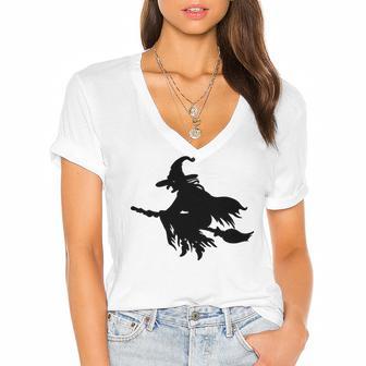 Halloween Scary Old Witch On Broom Art Design Pattern Women's Jersey Short Sleeve Deep V-Neck Tshirt | Favorety AU