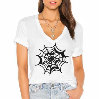 Halloween Spider Web Pattern Women's Jersey Short Sleeve Deep V-Neck Tshirt | Favorety