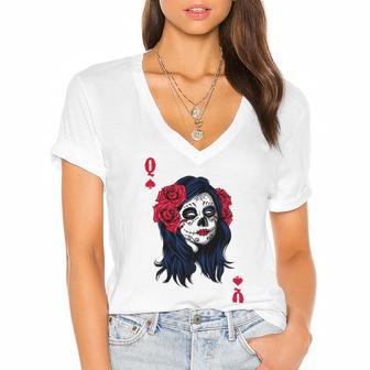 Halloween Sugar Skull With Red Floral Halloween Gift By Mesa Cute Women's Jersey Short Sleeve Deep V-Neck Tshirt | Favorety CA