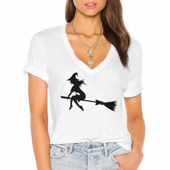 Halloween Young Scary Witch On Broom Pattern Women's Jersey Short Sleeve Deep V-Neck Tshirt | Favorety UK