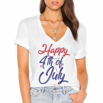 Happy 4Th Of July Dark Red Blue Text Women's Jersey Short Sleeve Deep V-Neck Tshirt | Favorety DE