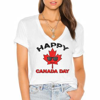 Happy Canada Day Funny Maple Leaf Canada Day Kids Toddler Women's Jersey Short Sleeve Deep V-Neck Tshirt - Seseable