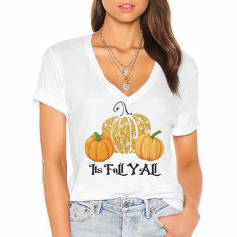 Happy Fall Yall Its Fall Yall Leopard Print Pump V2 Women's Jersey Short Sleeve Deep V-Neck Tshirt | Favorety UK