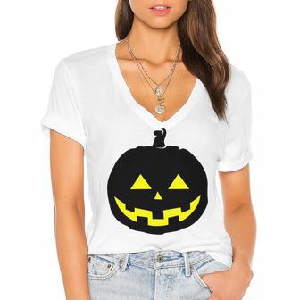 Happy Halloween Scary Black Pumpkin Pattern Women's Jersey Short Sleeve Deep V-Neck Tshirt | Favorety UK