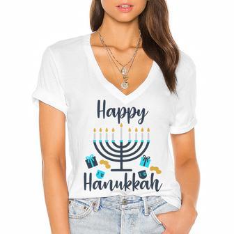 Happy Hanukkah Chanukah Pajama 893 Shirt Women's Jersey Short Sleeve Deep V-Neck Tshirt | Favorety