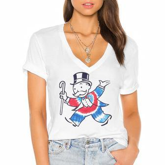 Hasbro Monopoly Fourth Of July Tie Dye Filled Monopoly Man Women's Jersey Short Sleeve Deep V-Neck Tshirt | Mazezy