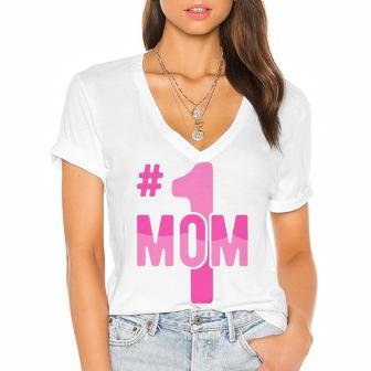 Hashtag Number One Mom Mothers Day Idea Mama Women Women's Jersey Short Sleeve Deep V-Neck Tshirt | Mazezy
