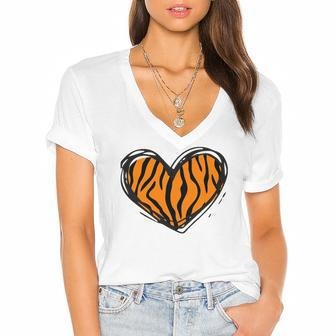 Heart Tiger Pattern Clothing - Tiger Print Women's Jersey Short Sleeve Deep V-Neck Tshirt | Mazezy