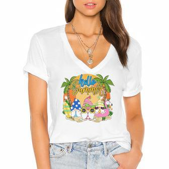 Hello Summer Vacation Garden Gnomes Beach Vibes Womens Women's Jersey Short Sleeve Deep V-Neck Tshirt | Mazezy