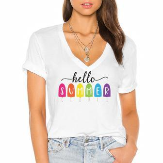 Hello Summer Vacation Ice Cream Popsicle Ice Lolly Lovers Gift Women's Jersey Short Sleeve Deep V-Neck Tshirt | Mazezy
