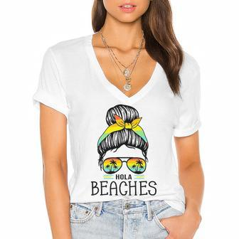 Hola Beaches Funny Beach Vacation Summer For Women Men Women's Jersey Short Sleeve Deep V-Neck Tshirt | Mazezy