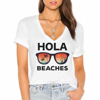 Hola Beaches Funny V2 Women's Jersey Short Sleeve Deep V-Neck Tshirt | Favorety