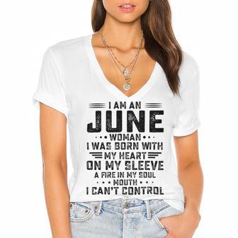 I Am An June Woman I Was Born With My Heart On My Sleeve V2 Women's Jersey Short Sleeve Deep V-Neck Tshirt | Favorety UK