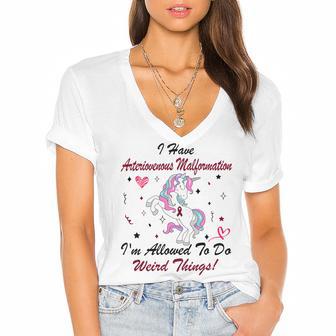 I Have Arteriovenous Malformation Im Allowed To Do Weird Things Funny Unicorn Burgundy Ribbon Arteriovenous Malformation Support Arteriovenous Malformation Awareness Women's Jersey Short Sleeve Deep V-Neck Tshirt | Favorety