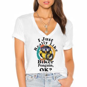 I Really Like Biker Penguin Ok Women's Jersey Short Sleeve Deep V-Neck Tshirt | Favorety UK