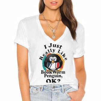 I Really Like Book Worm Penguin Ok Women's Jersey Short Sleeve Deep V-Neck Tshirt | Favorety AU