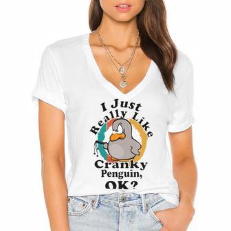 I Really Like Cranky Penguin Ok Women's Jersey Short Sleeve Deep V-Neck Tshirt | Favorety AU