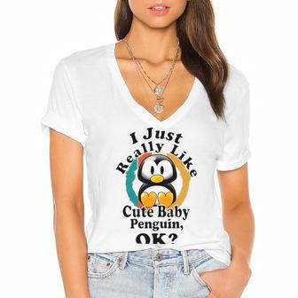 I Really Like Cute Baby Penguin Ok Women's Jersey Short Sleeve Deep V-Neck Tshirt | Favorety DE