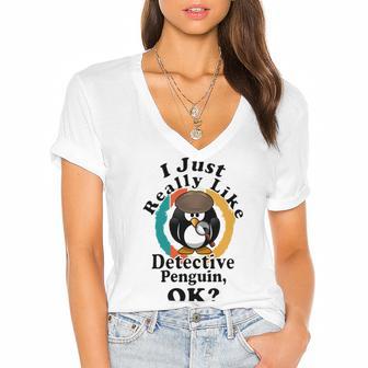 I Really Like Detective Penguin Ok Women's Jersey Short Sleeve Deep V-Neck Tshirt | Favorety CA