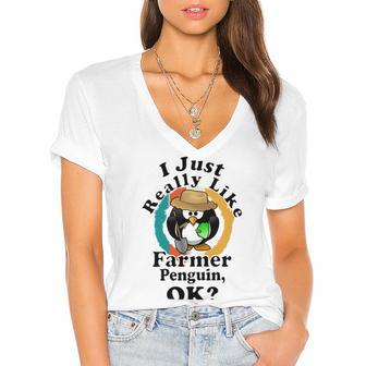 I Really Like Farmer Penguin Ok Women's Jersey Short Sleeve Deep V-Neck Tshirt | Favorety AU