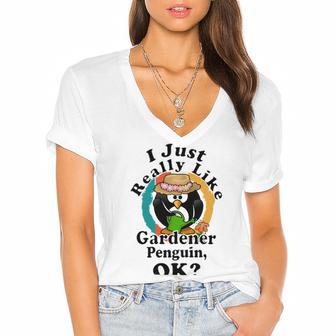 I Really Like Gardener Penguin Ok Women's Jersey Short Sleeve Deep V-Neck Tshirt | Favorety CA