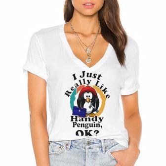 I Really Like Handy Penguin Ok Women's Jersey Short Sleeve Deep V-Neck Tshirt | Favorety UK