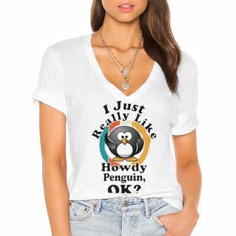 I Really Like Howdy Penguin Ok Women's Jersey Short Sleeve Deep V-Neck Tshirt | Favorety UK