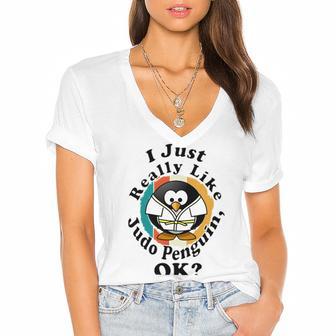 I Really Like Judo Penguin Ok Women's Jersey Short Sleeve Deep V-Neck Tshirt | Favorety UK