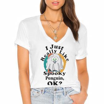 I Really Like Spooky Penguin Ok Women's Jersey Short Sleeve Deep V-Neck Tshirt | Favorety AU