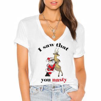 I Saw That You Nasty Red Santa Women's Jersey Short Sleeve Deep V-Neck Tshirt | Favorety DE