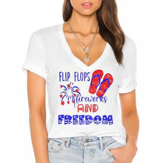 July 4Th Flip Flops Fireworks & Freedom 4Th Of July Party Women's Jersey Short Sleeve Deep V-Neck Tshirt - Seseable